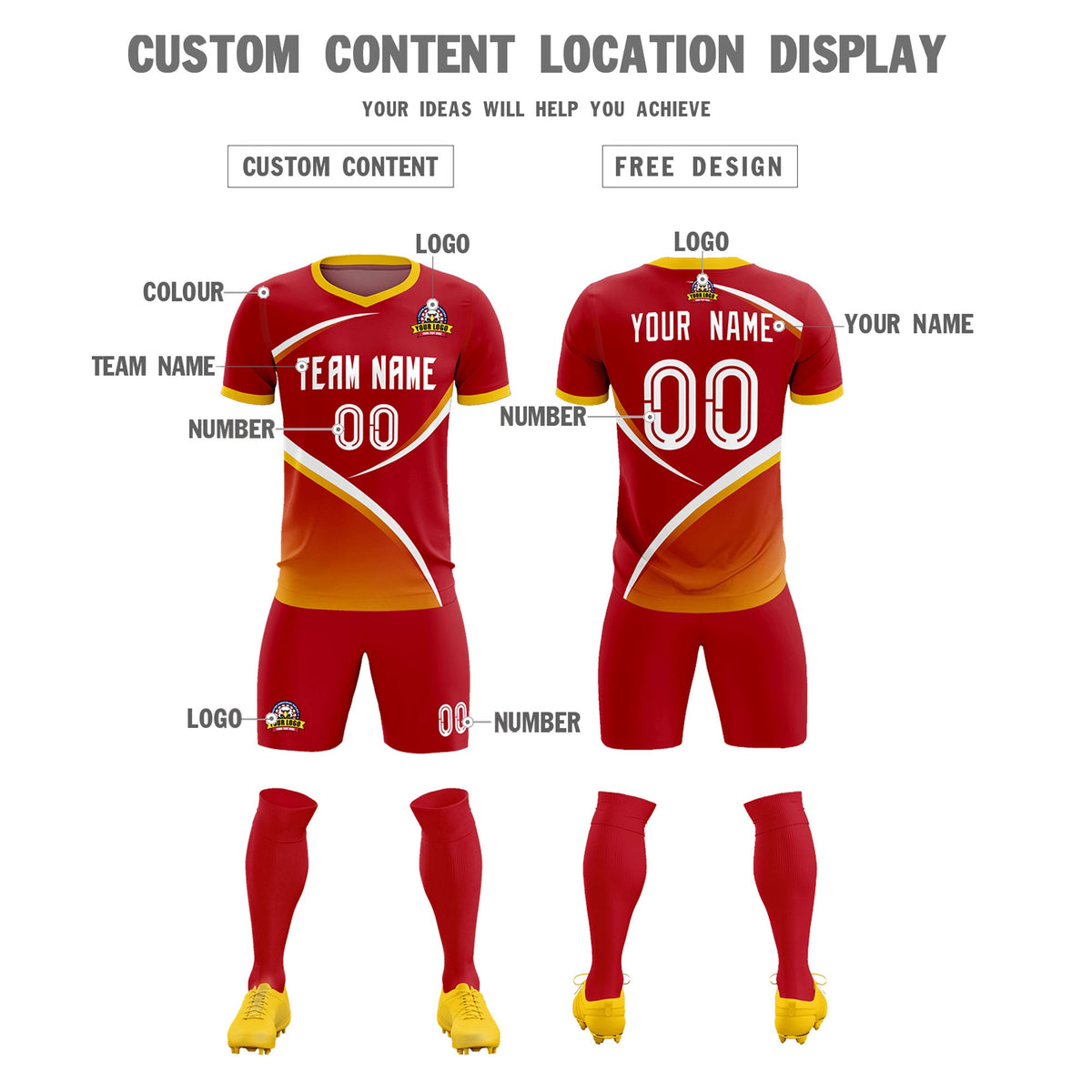 Custom Red Gold Color Block Training Uniform For Men Soccer Sets Jersey