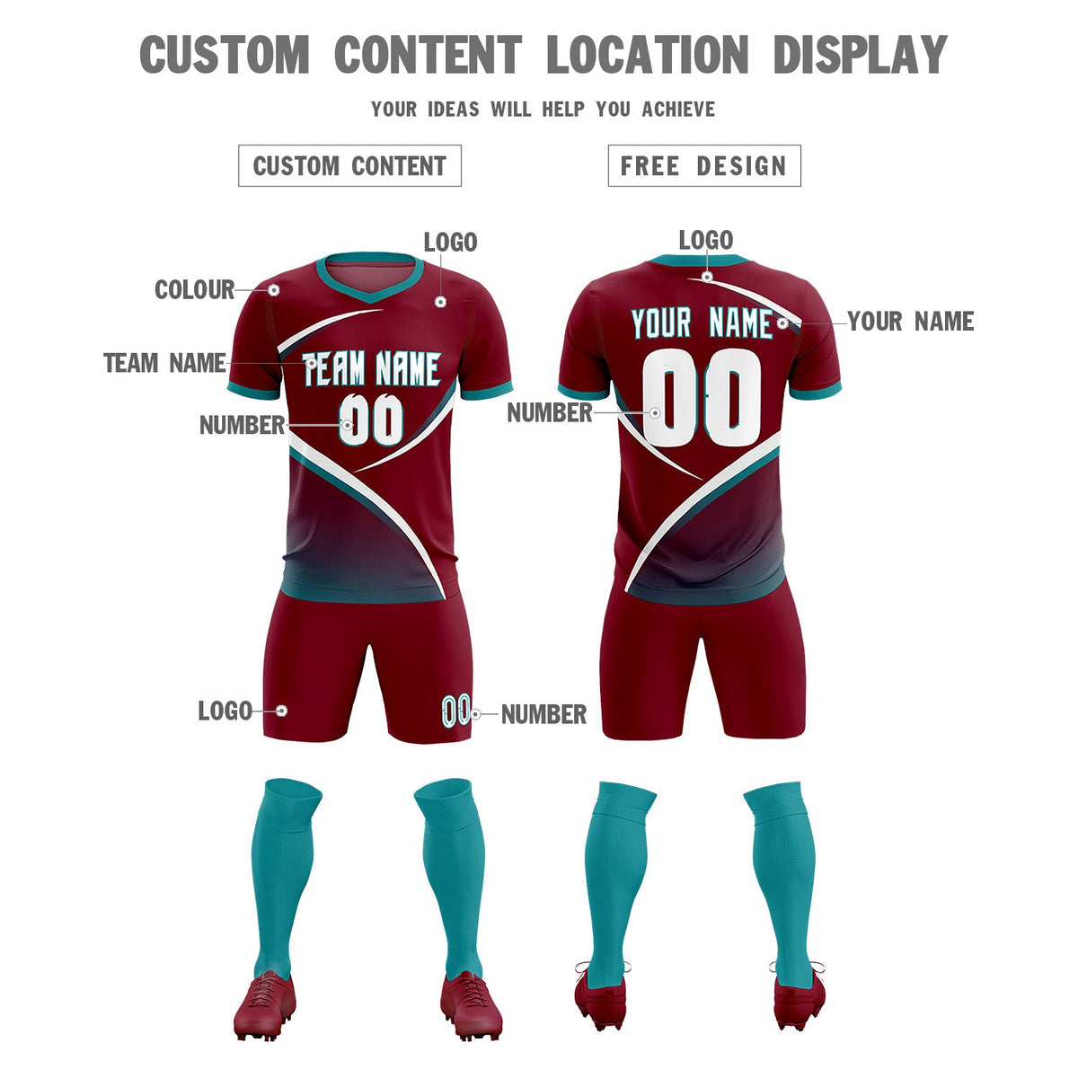 Custom Crimson Aqua Color Block Training Uniform For Men Soccer Sets Jersey
