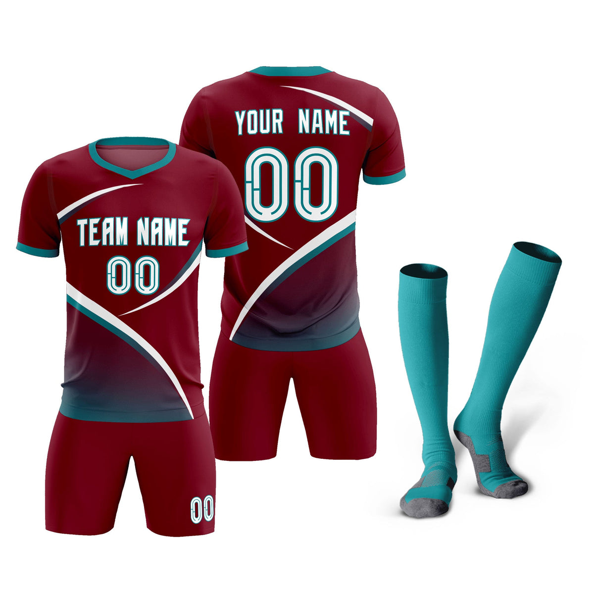 Custom Crimson Aqua Color Block Training Uniform For Men Soccer Sets Jersey