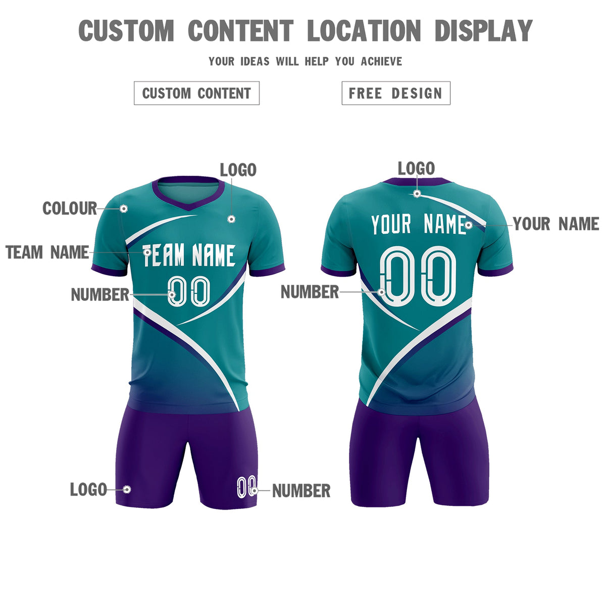 Custom Aqua Purple Color Block Training Uniform For Men Soccer Sets Jersey