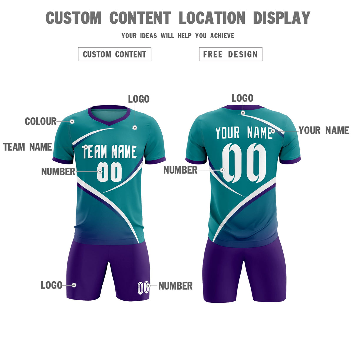 Custom Aqua Purple Color Block Training Uniform For Men Soccer Sets Jersey