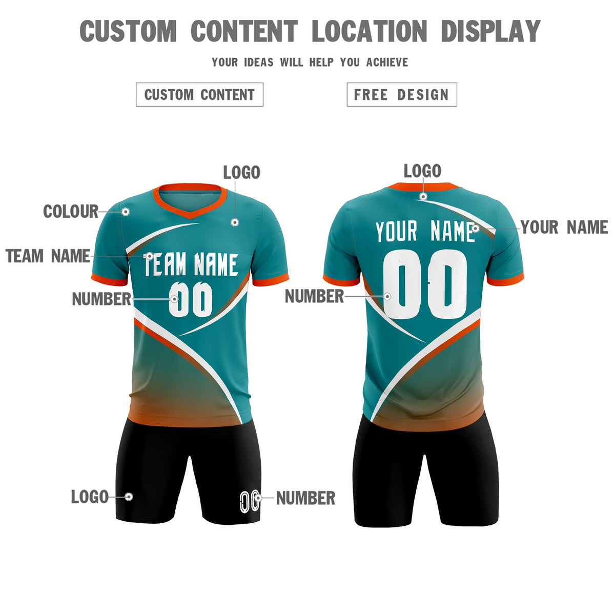 Custom Aqua Orange Color Block Training Uniform For Men Soccer Sets Jersey