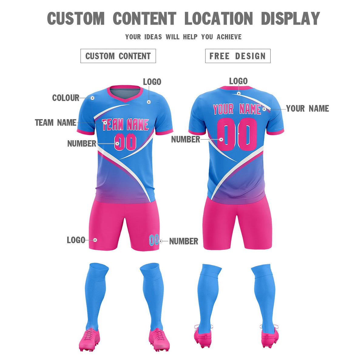Custom Powder Blue Pink Color Block Training Uniform For Men Soccer Sets Jersey