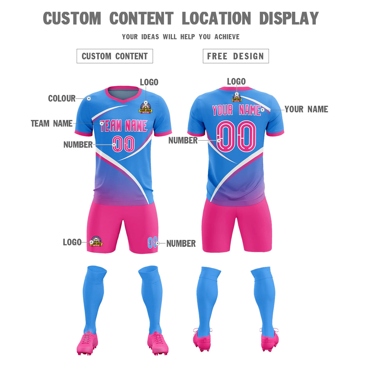 Custom Powder Blue Pink Color Block Training Uniform For Men Soccer Sets Jersey