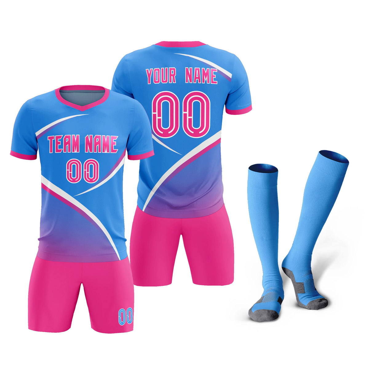 Custom Powder Blue Pink Color Block Training Uniform For Men Soccer Sets Jersey