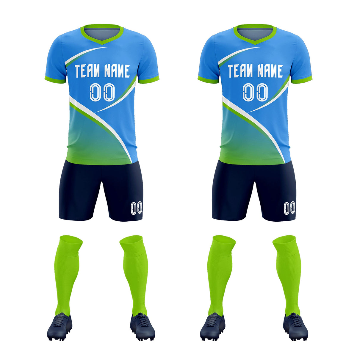 Custom Powder Blue Neon Green Color Block Training Uniform For Men Soccer Sets Jersey