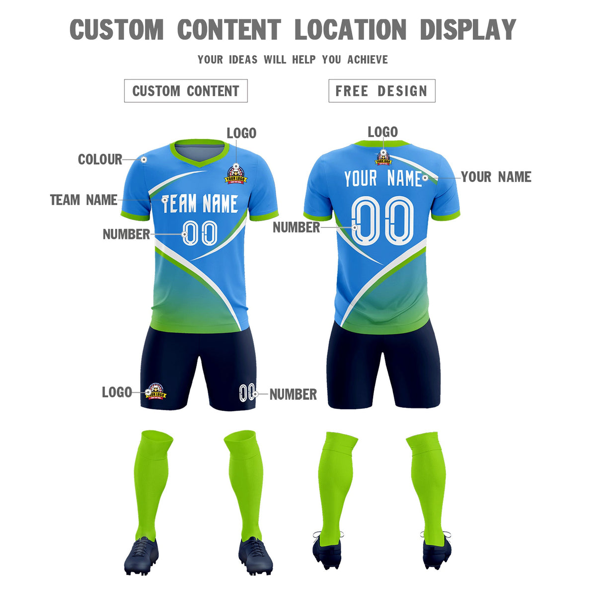 Custom Powder Blue Neon Green Color Block Training Uniform For Men Soccer Sets Jersey