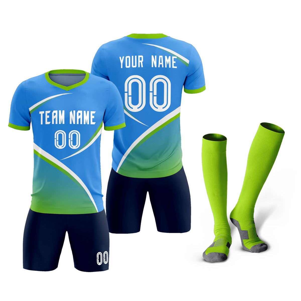 Custom Powder Blue Neon Green Color Block Training Uniform For Men Soccer Sets Jersey