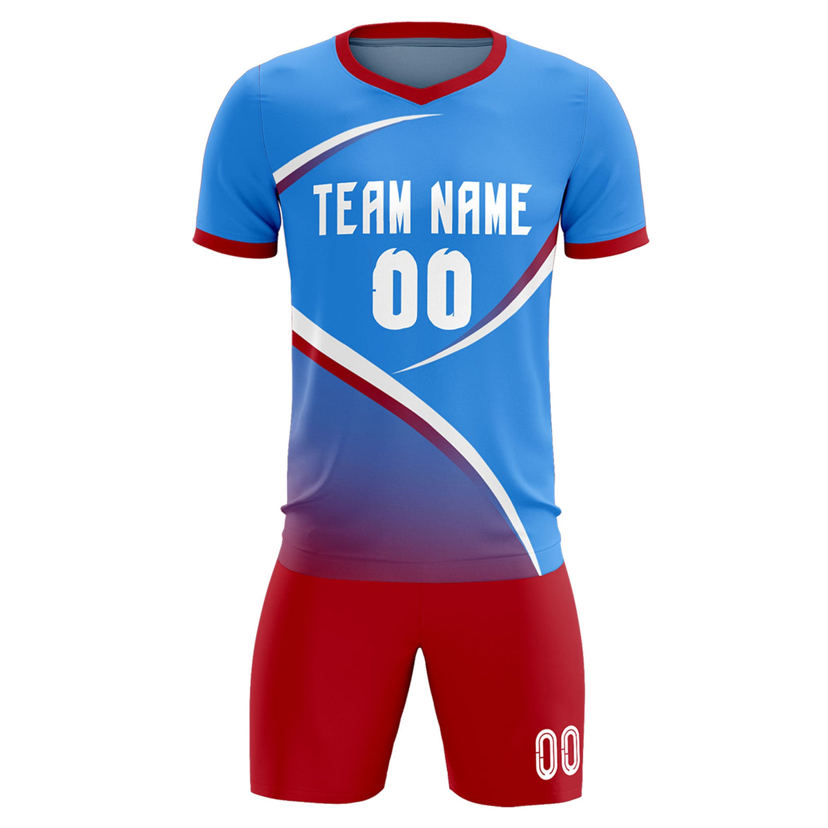 Custom Powder Blue Red Color Block Training Uniform For Men Soccer Sets Jersey