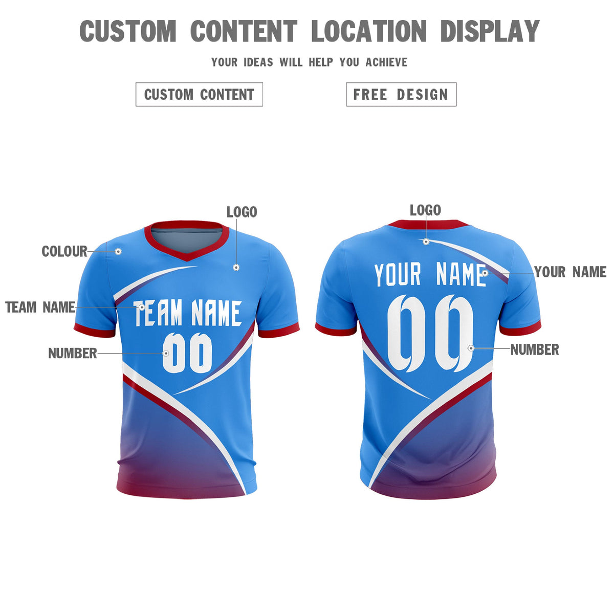 Custom Powder Blue Red Color Block Training Uniform For Men Soccer Sets Jersey