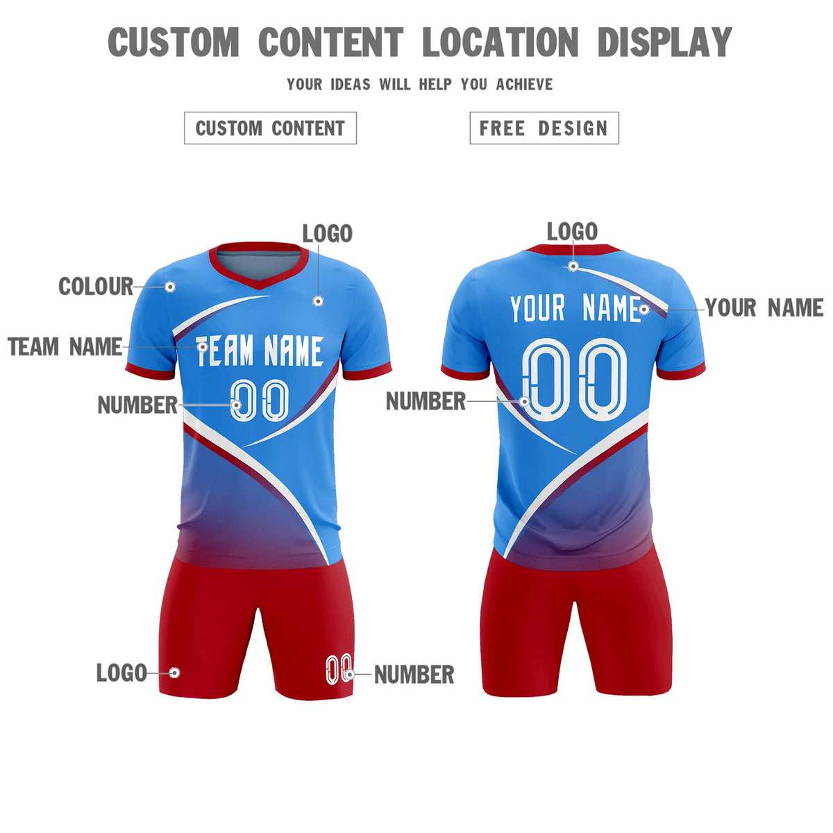 Custom Powder Blue Red Color Block Training Uniform For Men Soccer Sets Jersey
