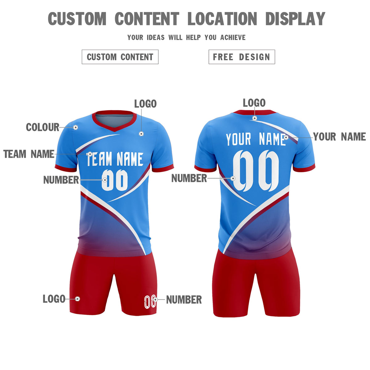 Custom Powder Blue Red Color Block Training Uniform For Men Soccer Sets Jersey