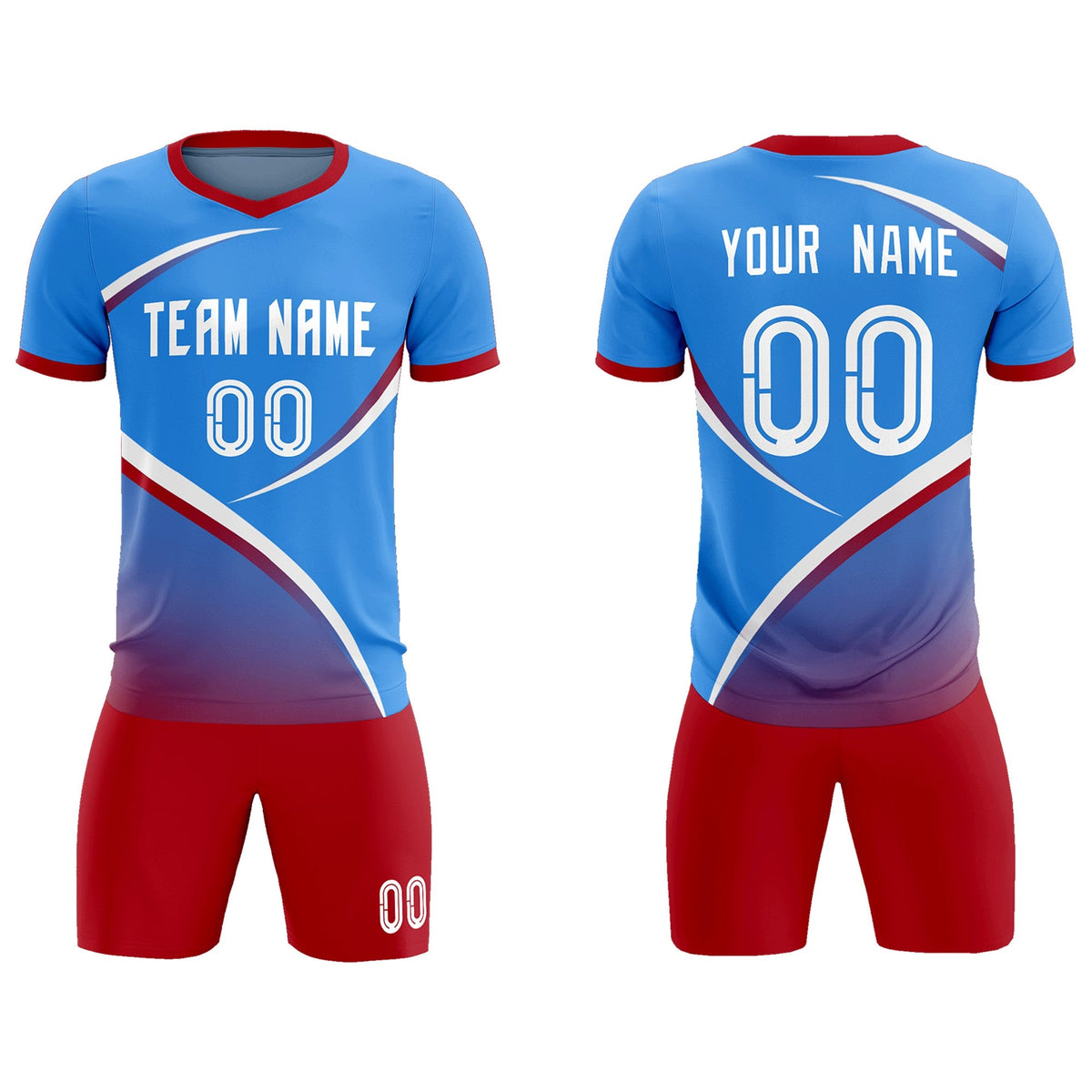 Custom Powder Blue Red Color Block Training Uniform For Men Soccer Sets Jersey