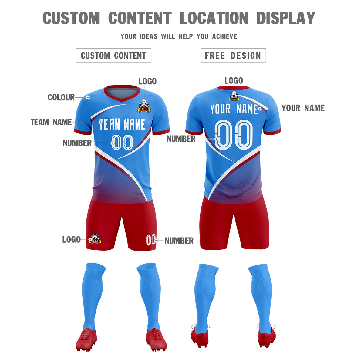 Custom Powder Blue Red Color Block Training Uniform For Men Soccer Sets Jersey