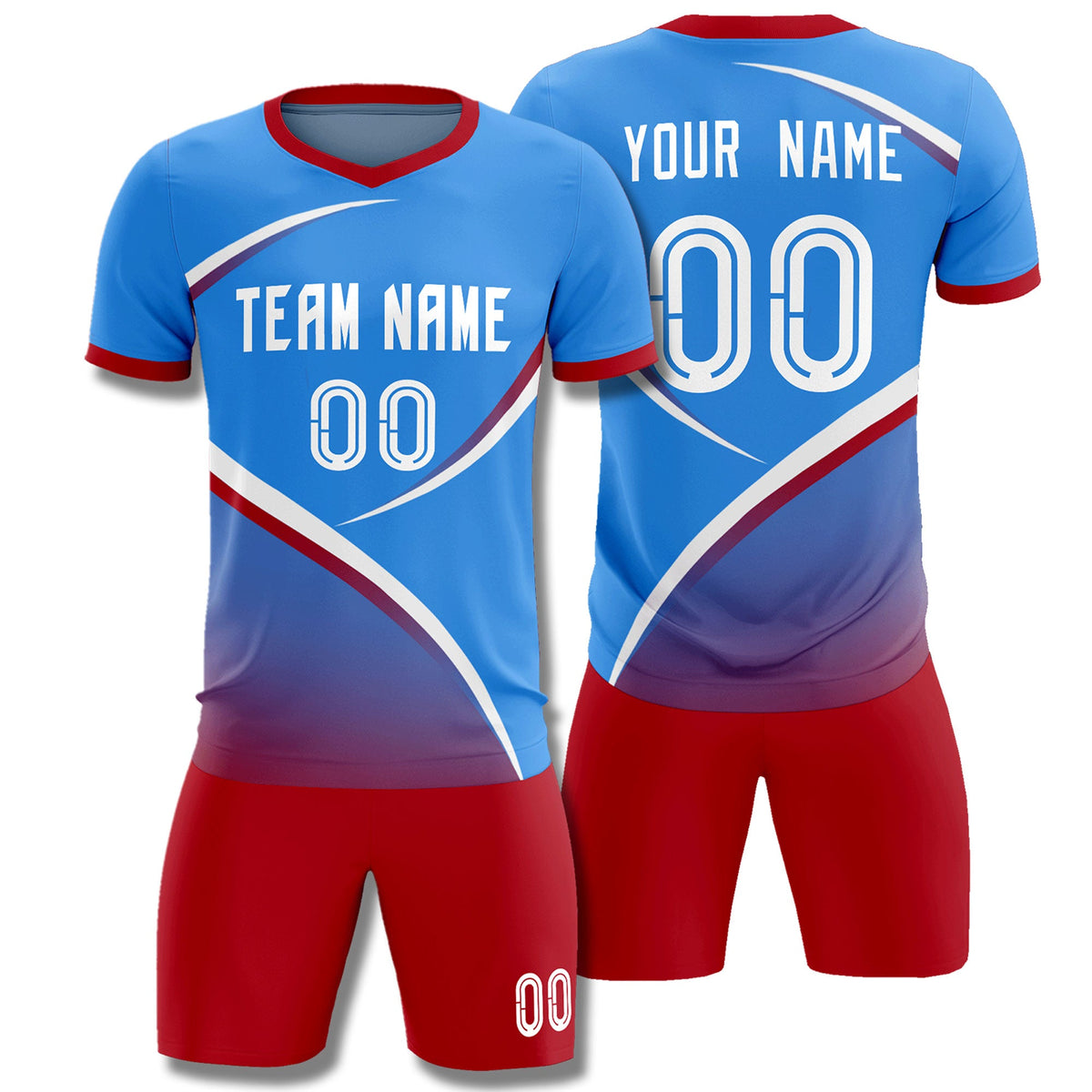 Custom Powder Blue Red Color Block Training Uniform For Men Soccer Sets Jersey