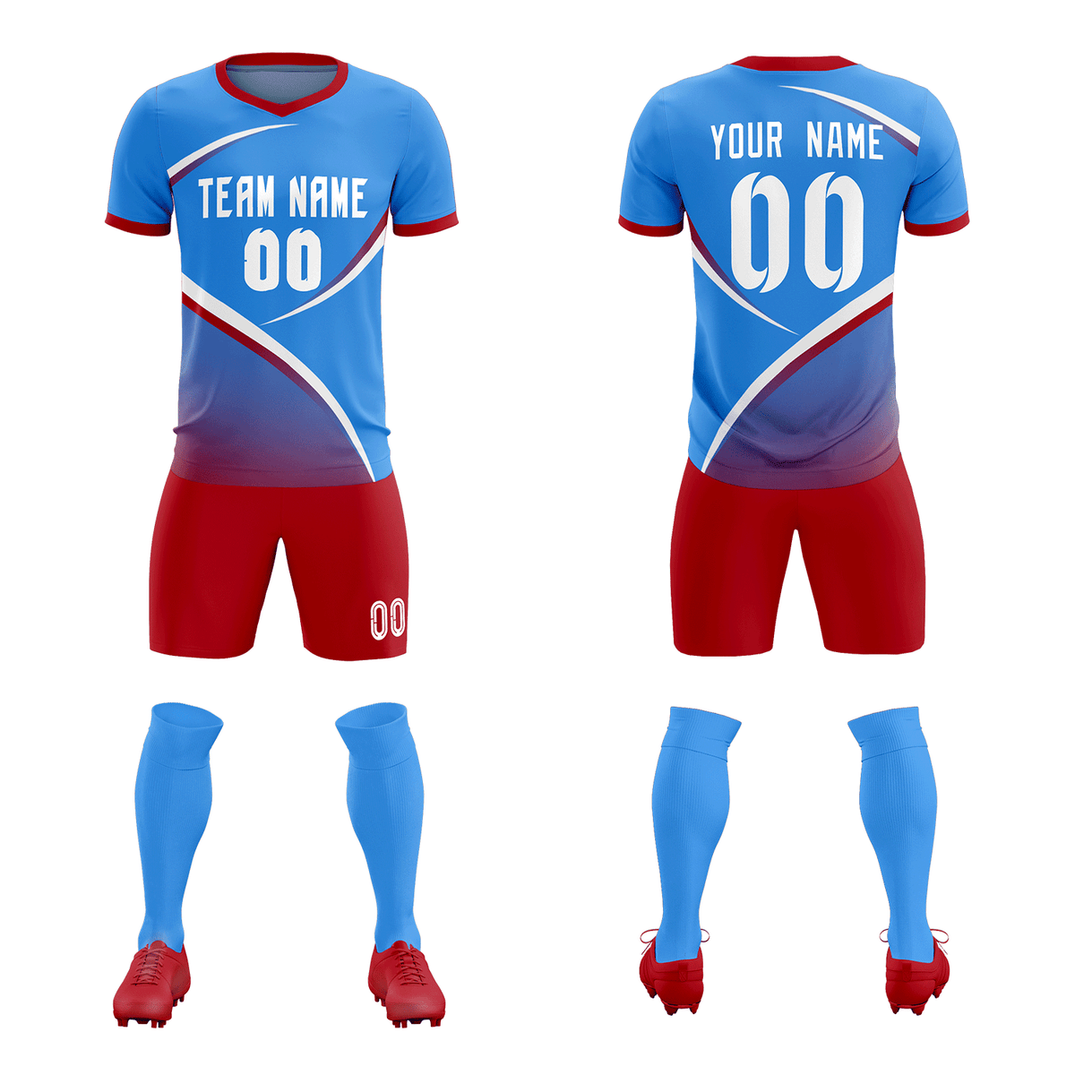 Custom Powder Blue Red Color Block Training Uniform For Men Soccer Sets Jersey