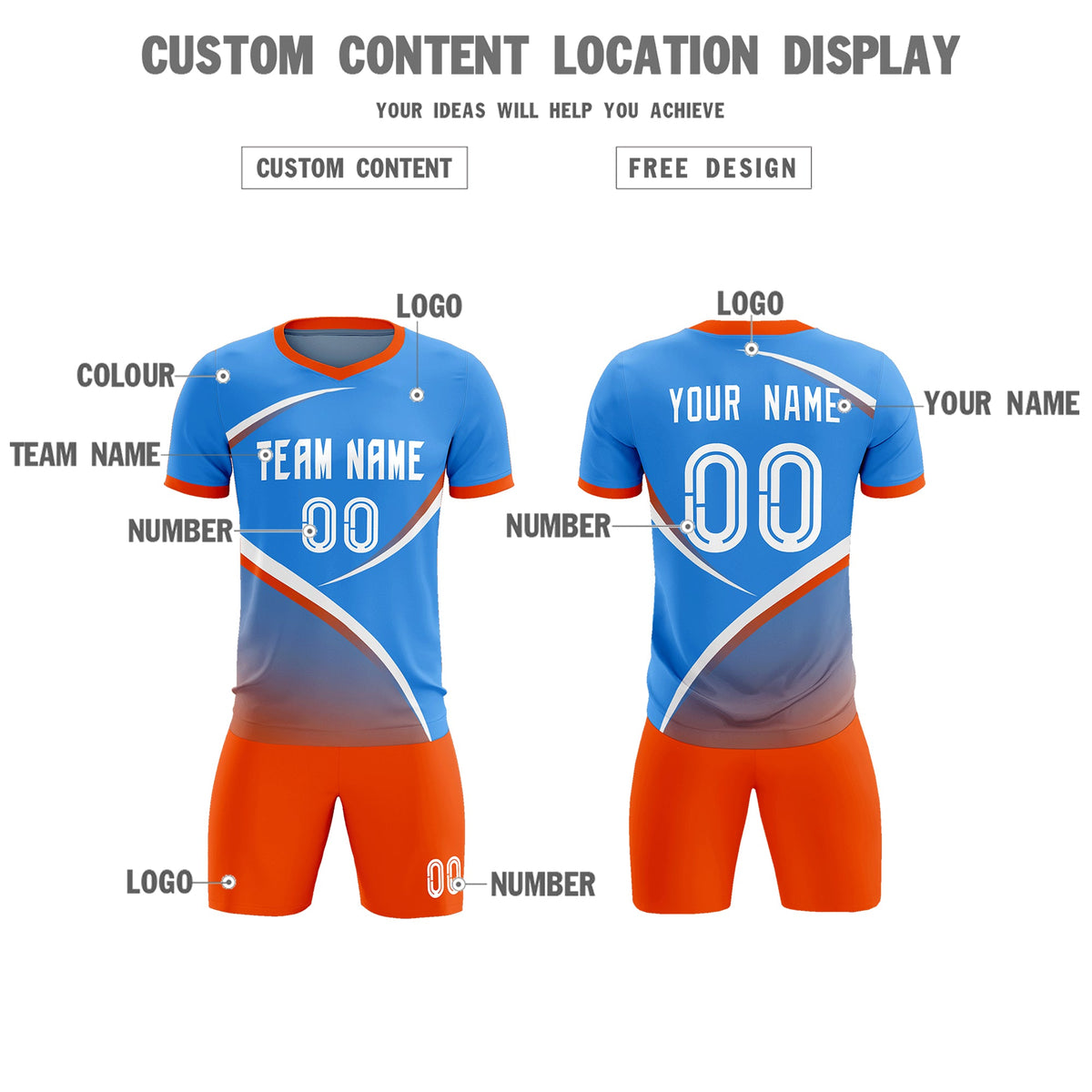 Custom Powder Blue Orange Color Block Training Uniform For Men Soccer Sets Jersey