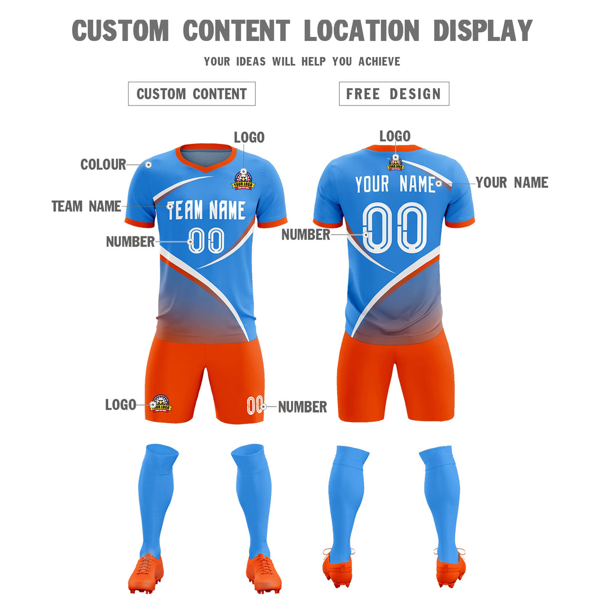 Custom Powder Blue Orange Color Block Training Uniform For Men Soccer Sets Jersey