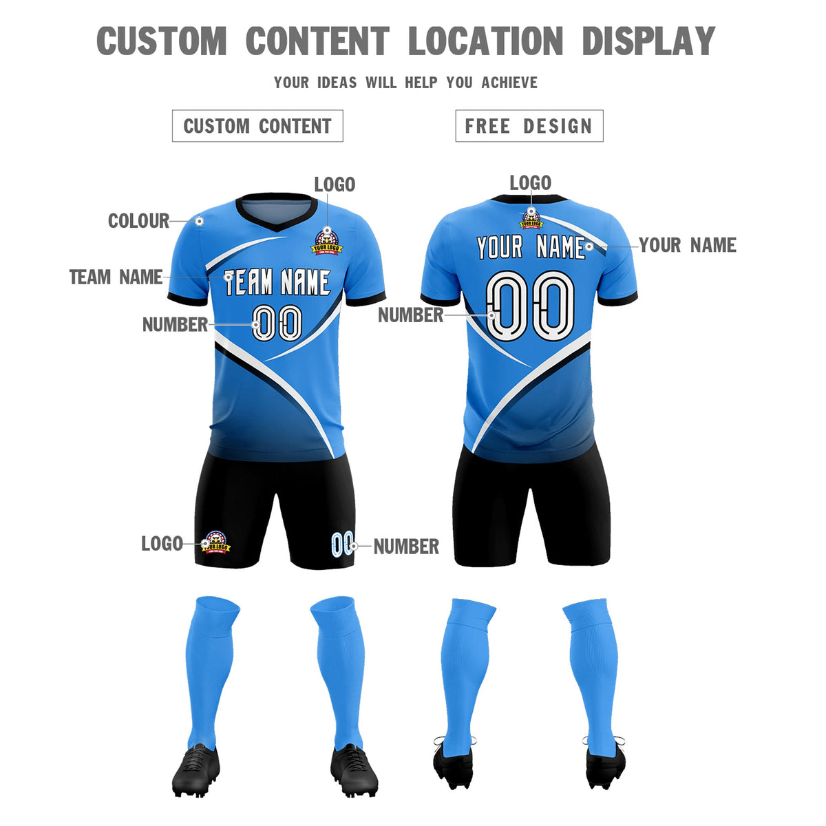 Custom Powder Blue Navy Color Block Training Uniform For Men Soccer Sets Jersey