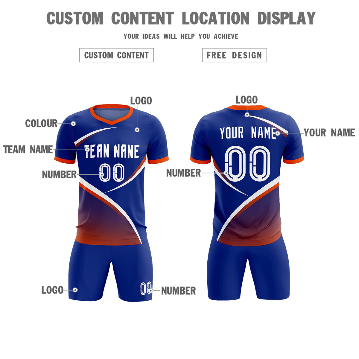 Custom Royal Orange Color Block Training Uniform For Men Soccer Sets Jersey