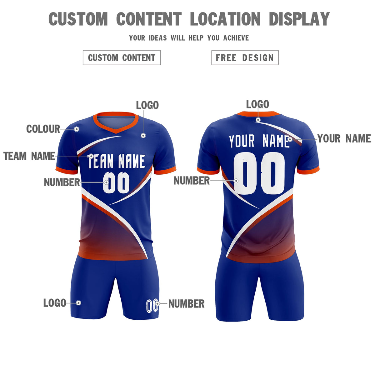 Custom Royal Orange Color Block Training Uniform For Men Soccer Sets Jersey
