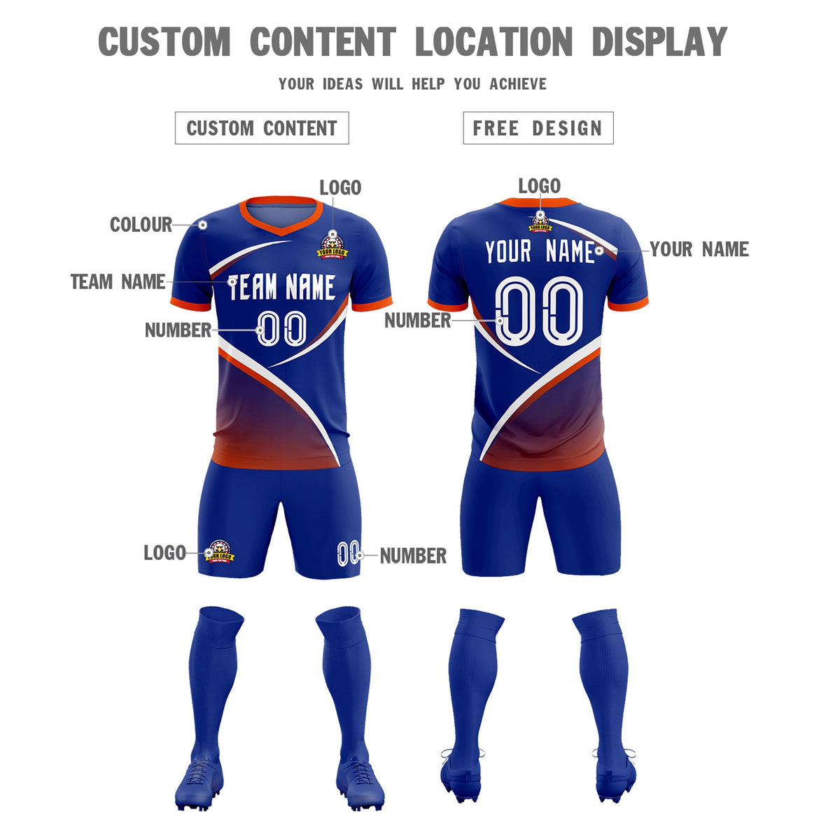 Custom Royal Orange Color Block Training Uniform For Men Soccer Sets Jersey