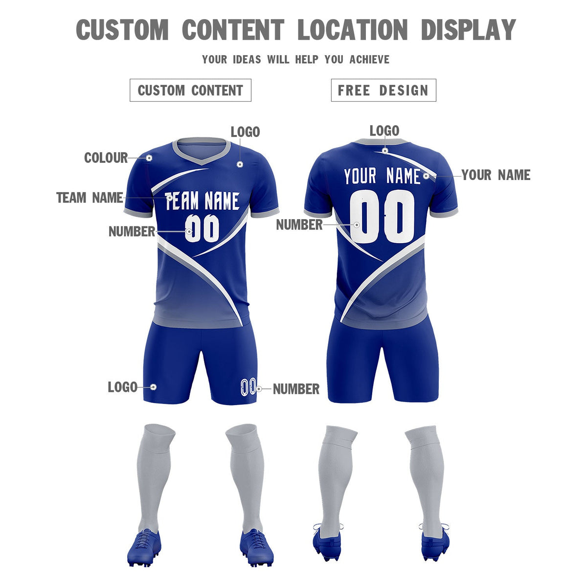 Custom Royal Gray Color Block Training Uniform For Men Soccer Sets Jersey