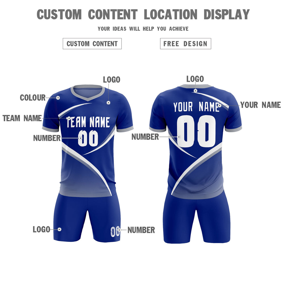 Custom Royal Gray Color Block Training Uniform For Men Soccer Sets Jersey