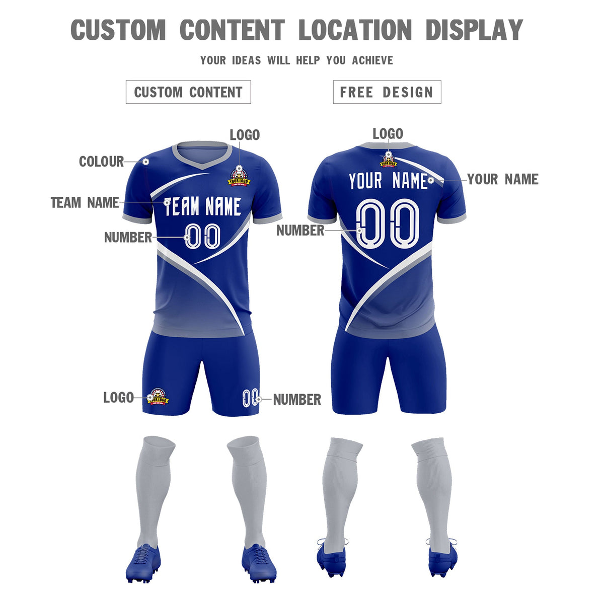 Custom Royal Gray Color Block Training Uniform For Men Soccer Sets Jersey