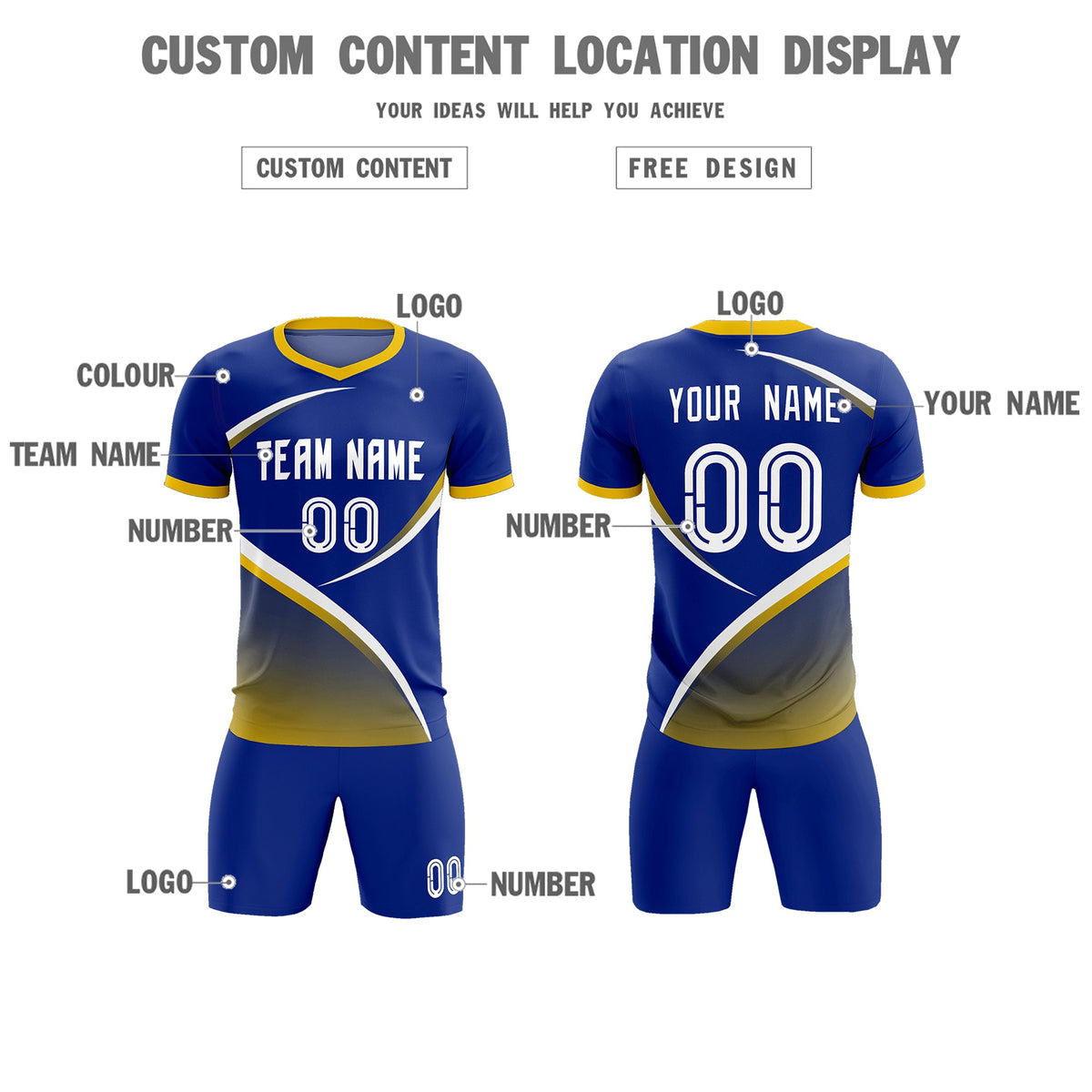 Custom Royal Gold Color Block Training Uniform For Men Soccer Sets Jersey