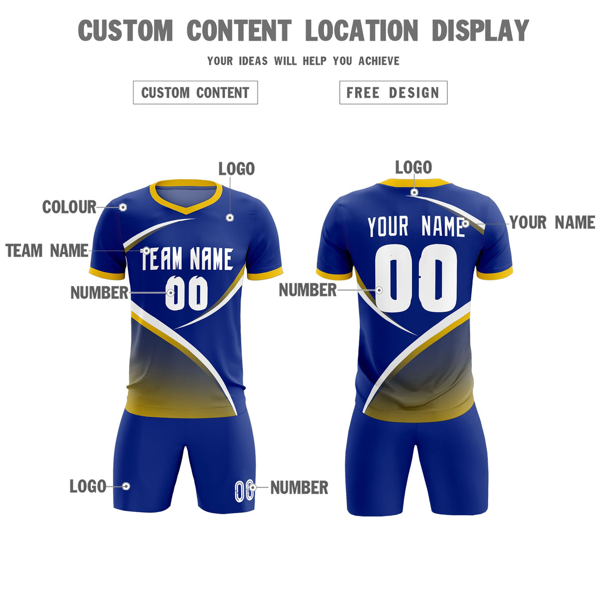 Custom Royal Gold Color Block Training Uniform For Men Soccer Sets Jersey