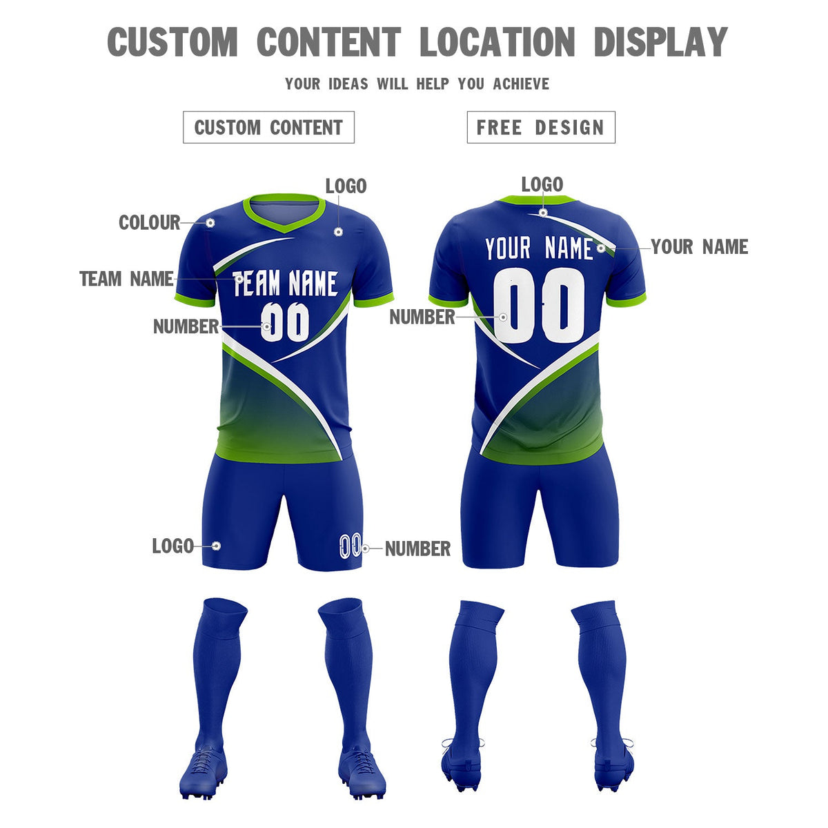 Custom Royal Neon Green Color Block Training Uniform For Men Soccer Sets Jersey