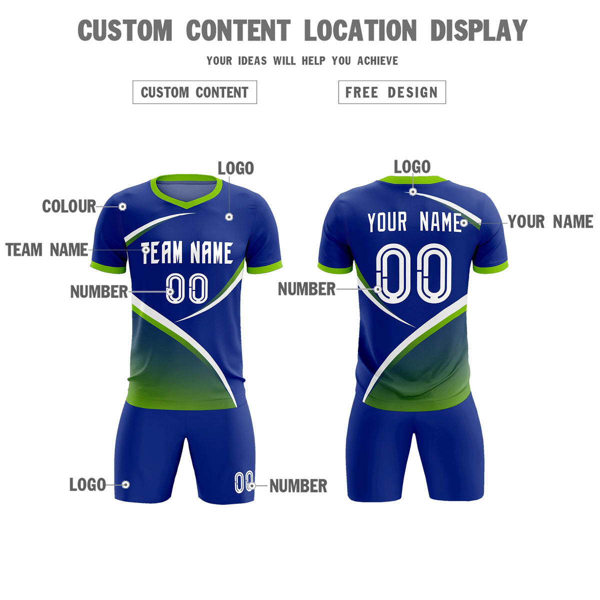 Custom Royal Neon Green Color Block Training Uniform For Men Soccer Sets Jersey