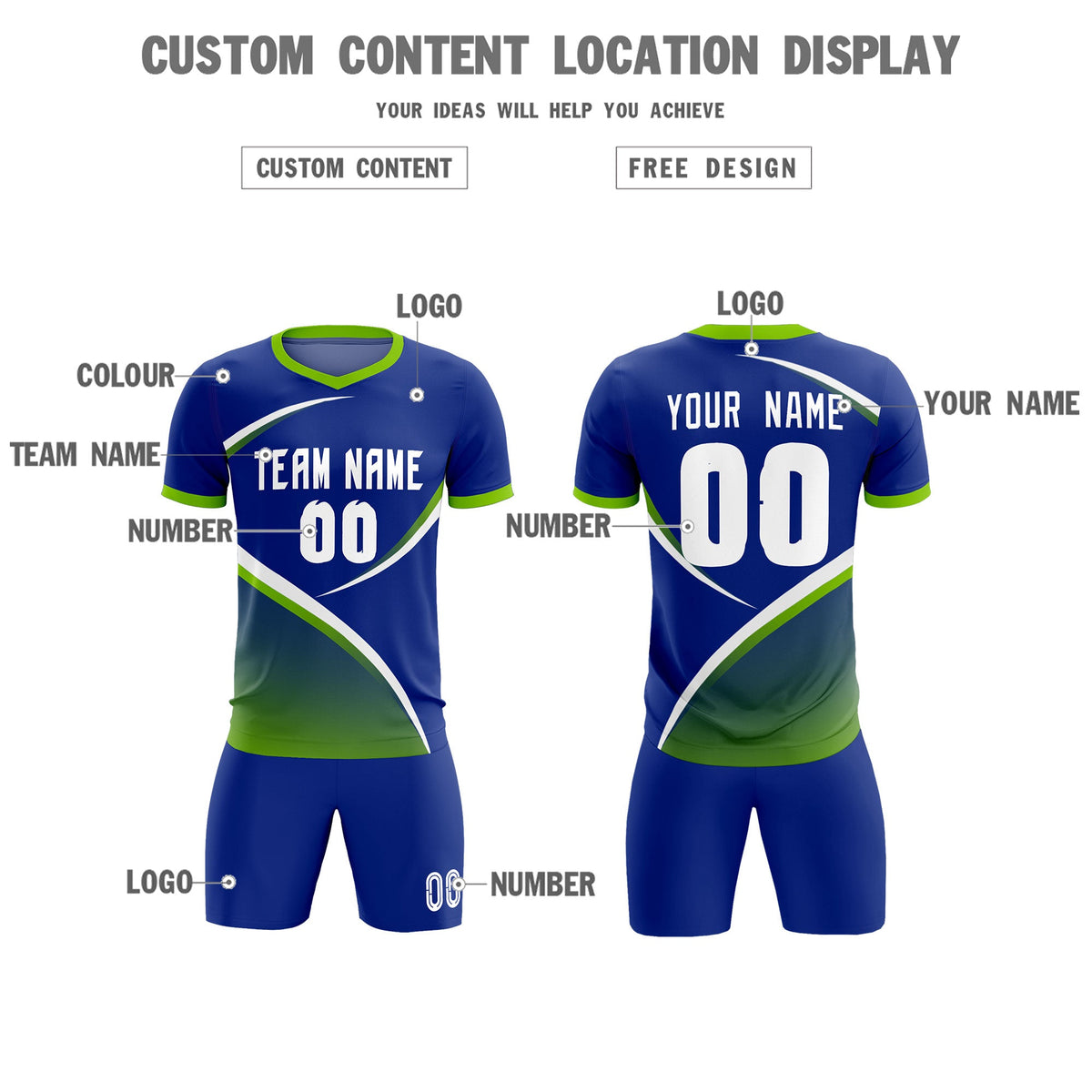 Custom Royal Neon Green Color Block Training Uniform For Men Soccer Sets Jersey