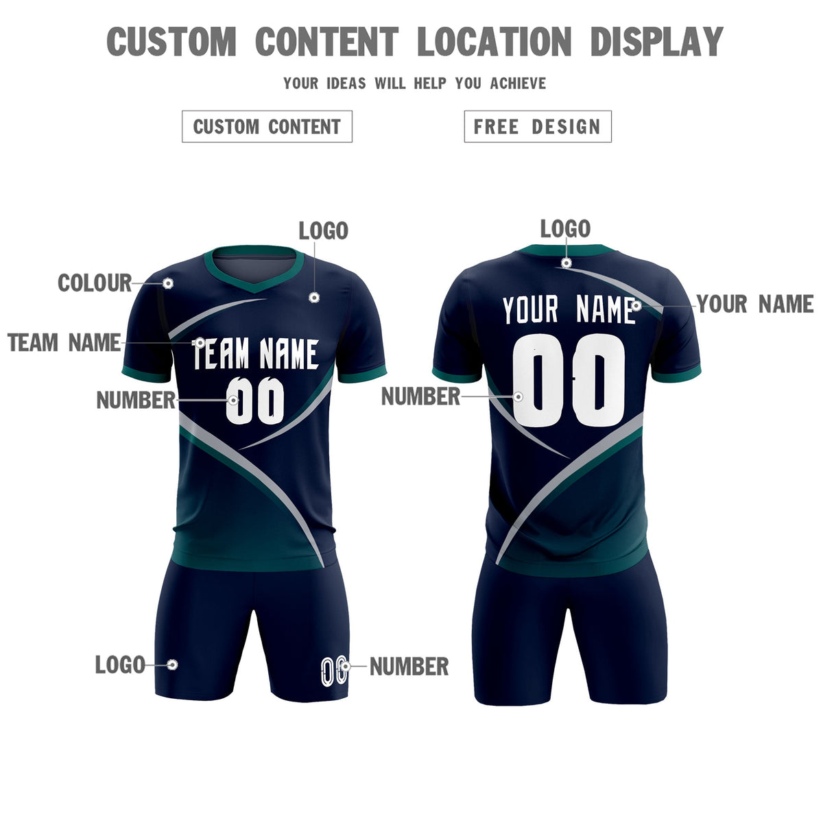 Custom Navy Aqua Color Block Training Uniform For Men Soccer Sets Jersey