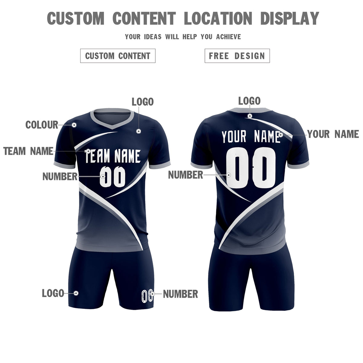 Custom Navy Gray Color Block Training Uniform For Men Soccer Sets Jersey
