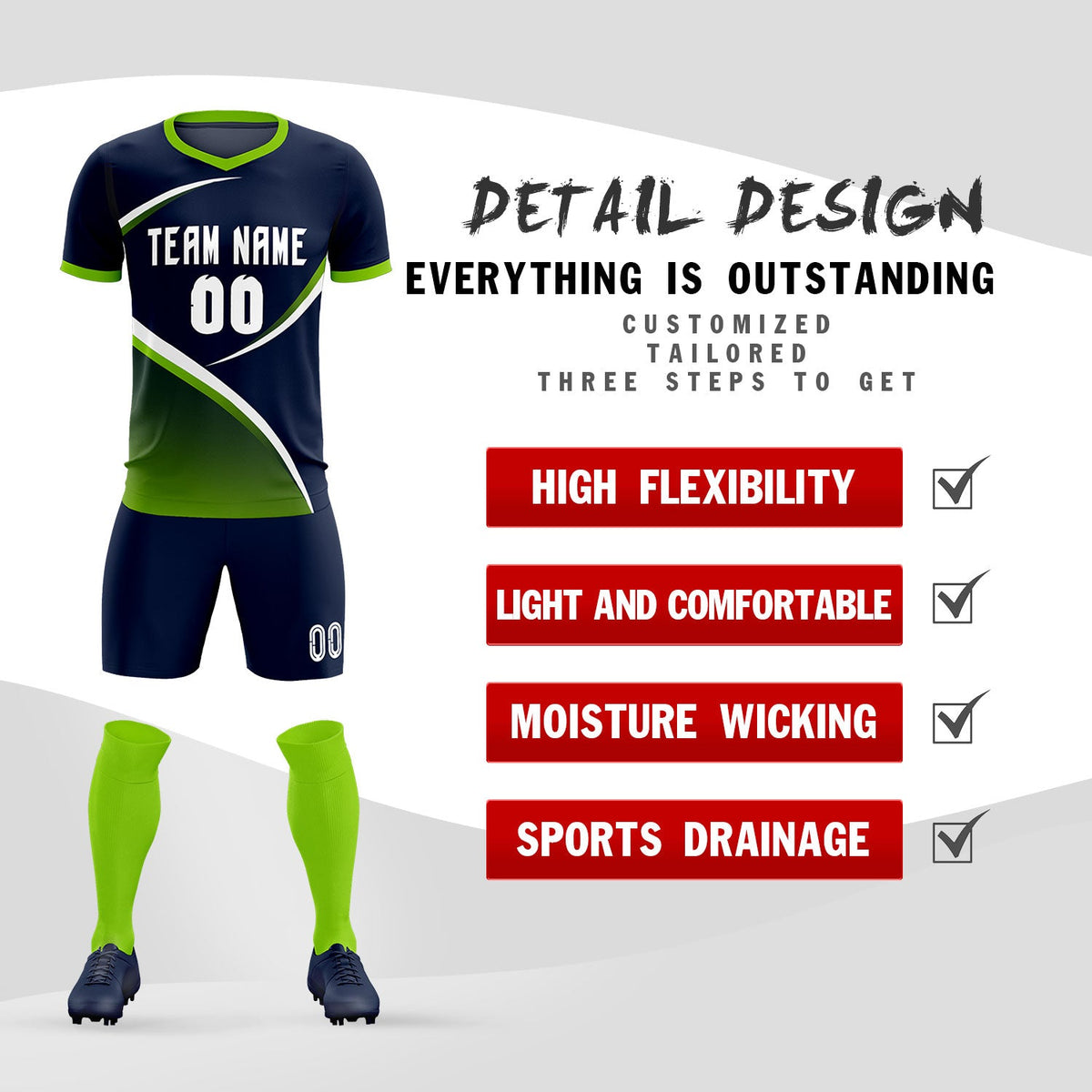 Custom Navy Neon Green Color Block Training Uniform For Men Soccer Sets Jersey