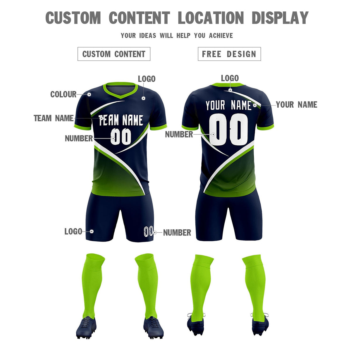 Custom Navy Neon Green Color Block Training Uniform For Men Soccer Sets Jersey