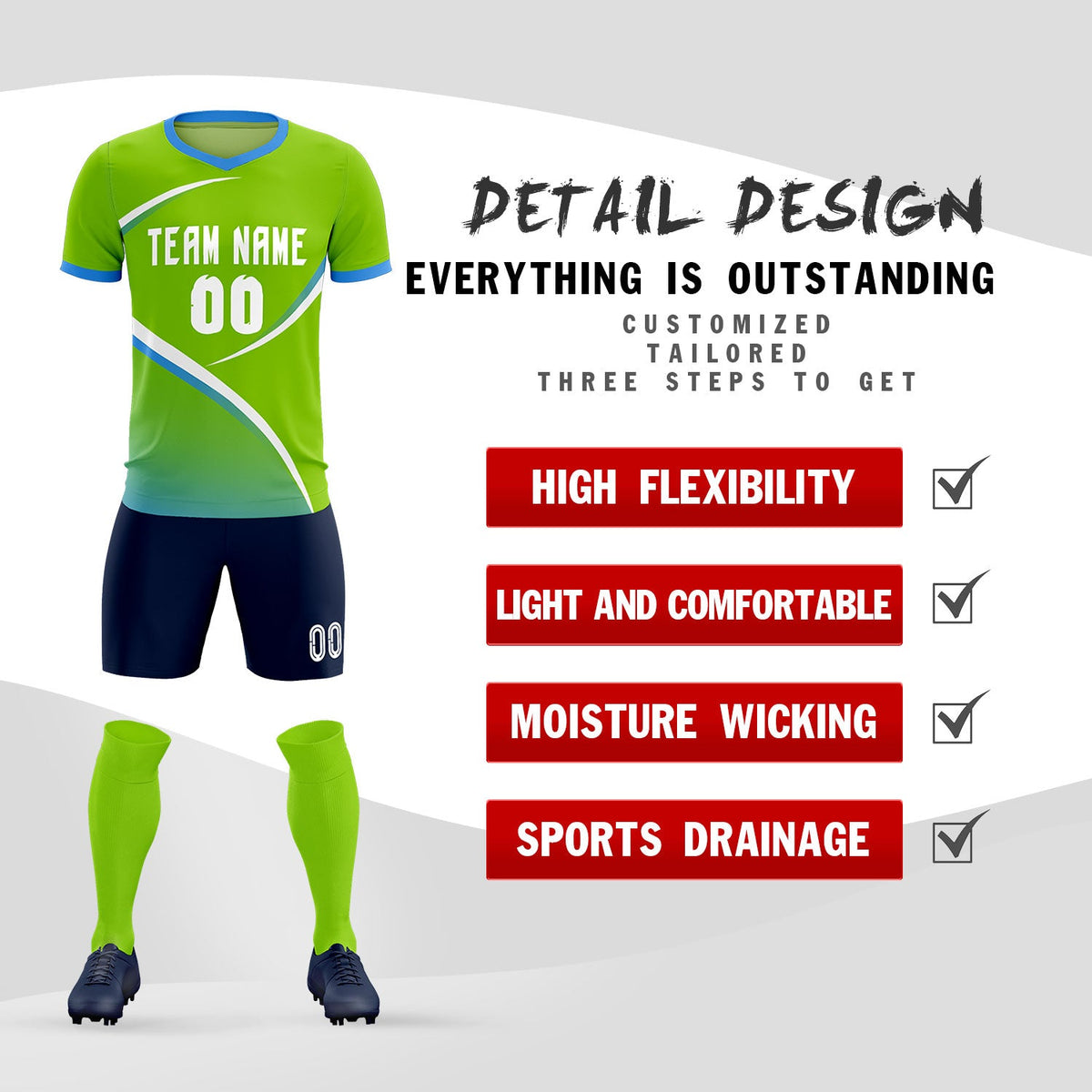 Custom Neon Green Powder Blue Color Block Training Uniform For Men Soccer Sets Jersey