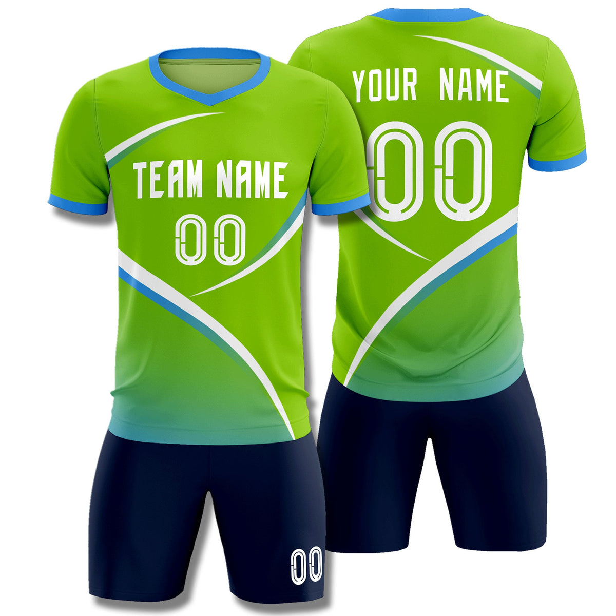 Custom Neon Green Powder Blue Color Block Training Uniform For Men Soccer Sets Jersey