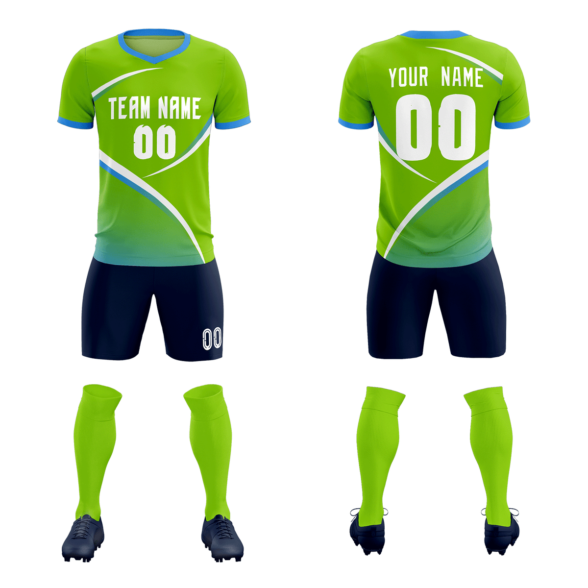 Custom Neon Green Powder Blue Color Block Training Uniform For Men Soccer Sets Jersey