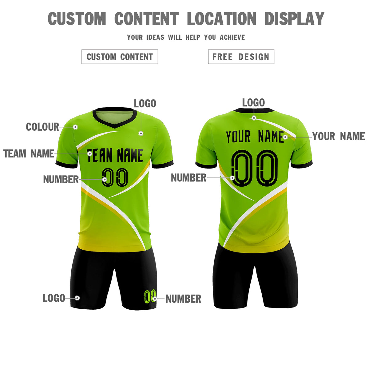 Custom Neon Green Black Color Block Training Uniform For Men Soccer Sets Jersey