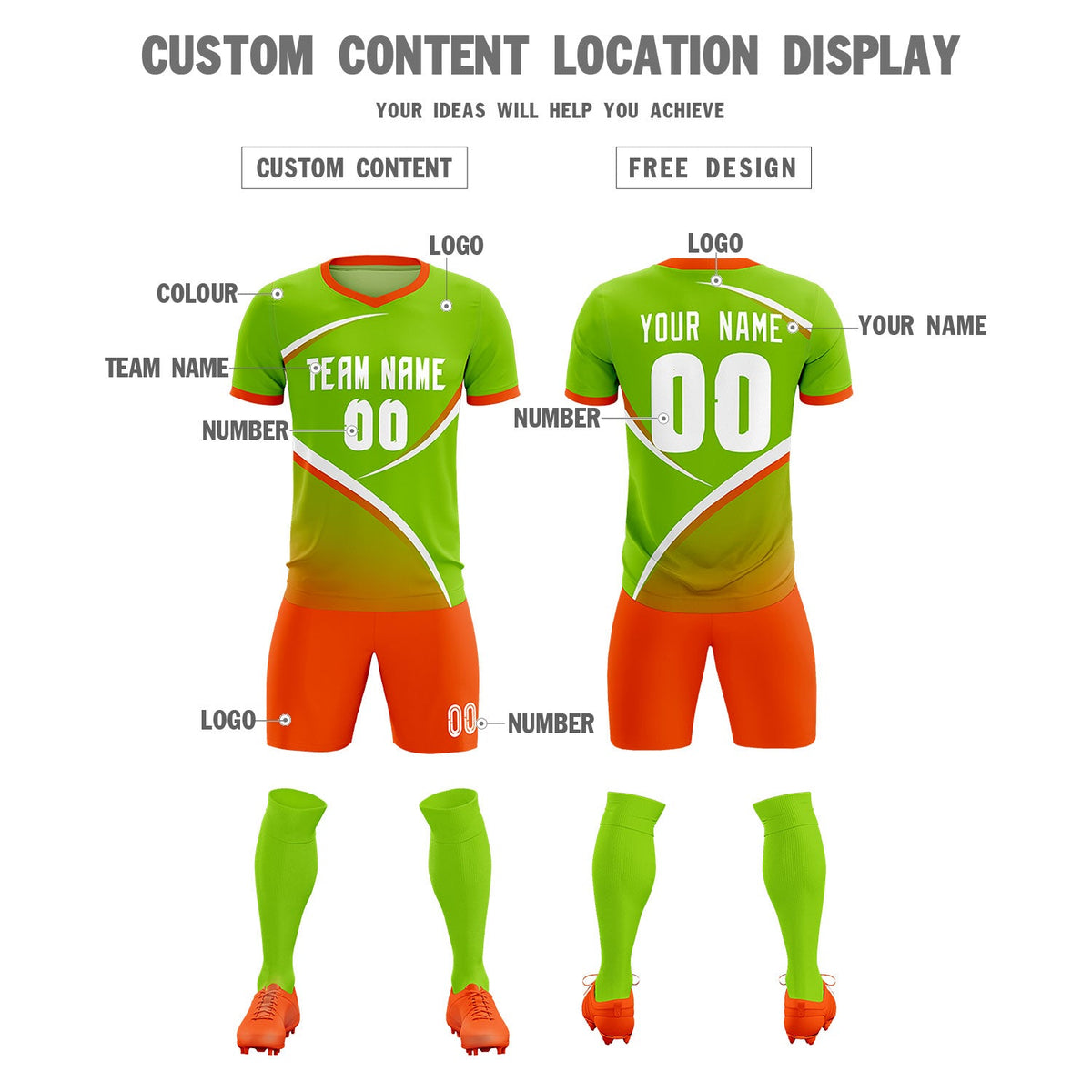 Custom Neon Green Orange Color Block Training Uniform For Men Soccer Sets Jersey