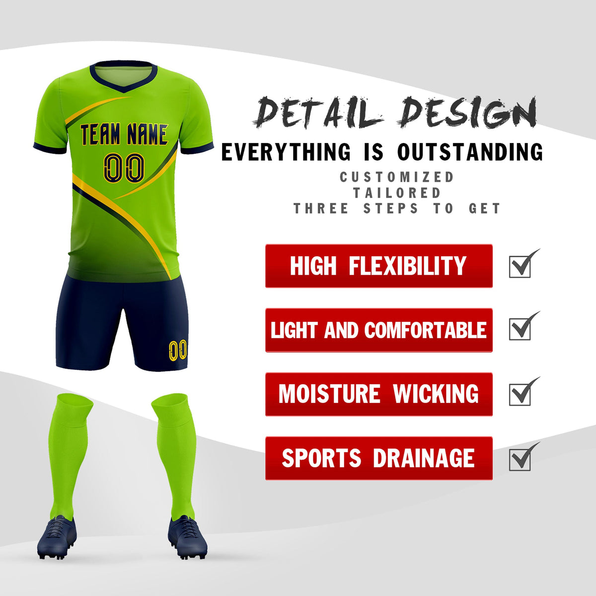 Custom Neon Green Navy Color Block Training Uniform For Men Soccer Sets Jersey
