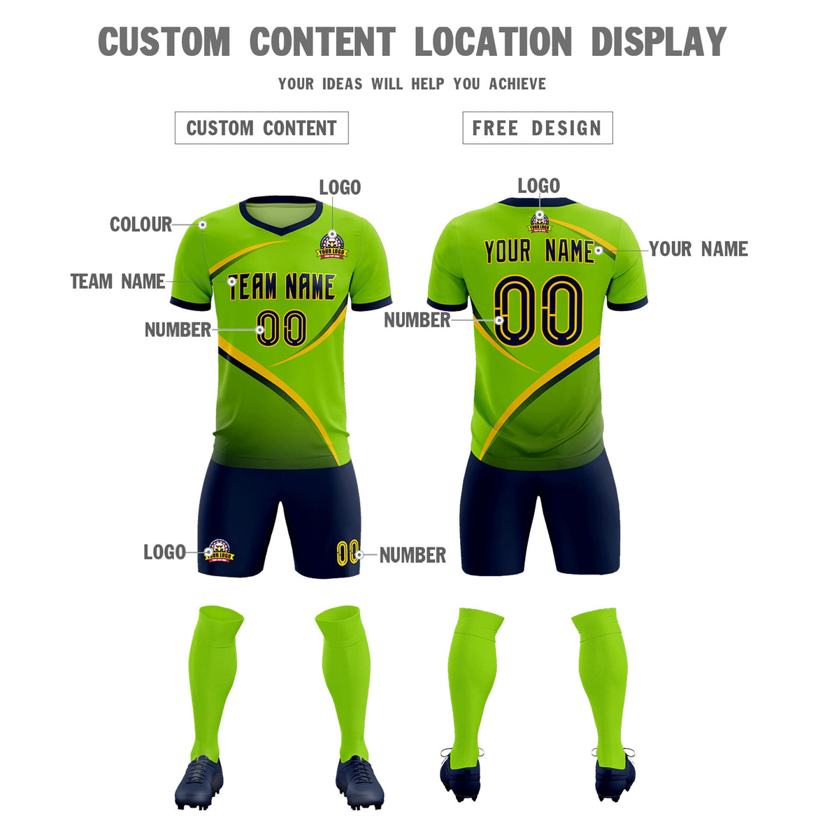 Custom Neon Green Navy Color Block Training Uniform For Men Soccer Sets Jersey