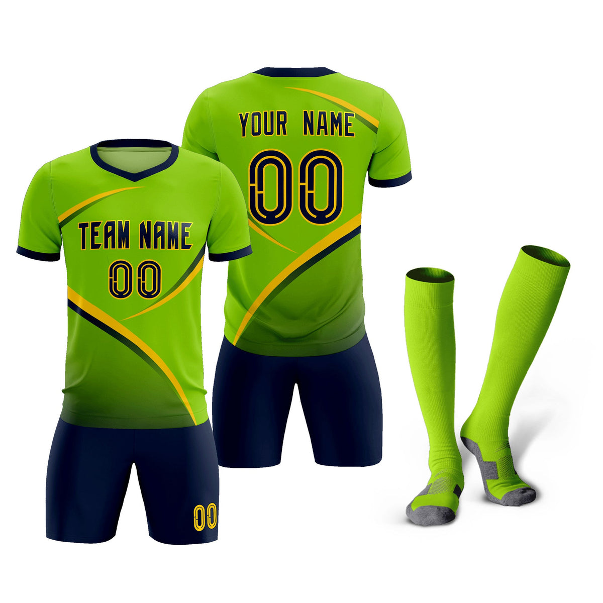 Custom Neon Green Navy Color Block Training Uniform For Men Soccer Sets Jersey
