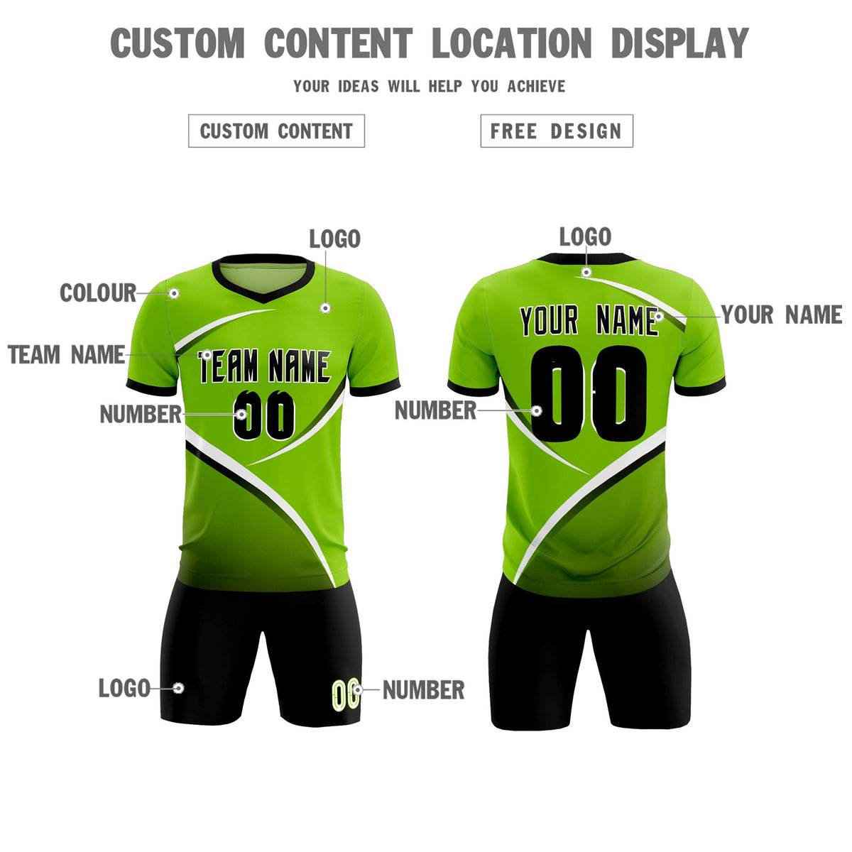 Custom Neon Green Black Color Block Training Uniform For Men Soccer Sets Jersey