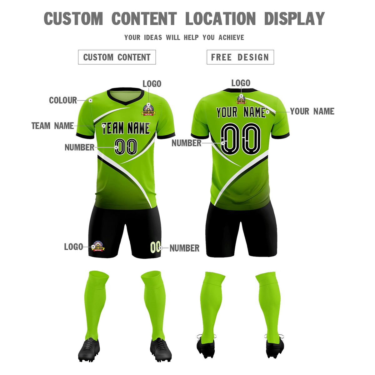 Custom Neon Green Black Color Block Training Uniform For Men Soccer Sets Jersey