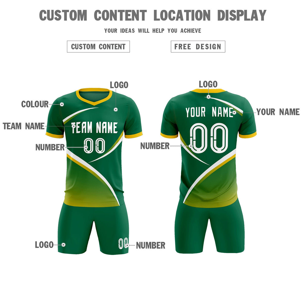 Custom Kelly Green Gold Color Block Training Uniform For Men Soccer Sets Jersey