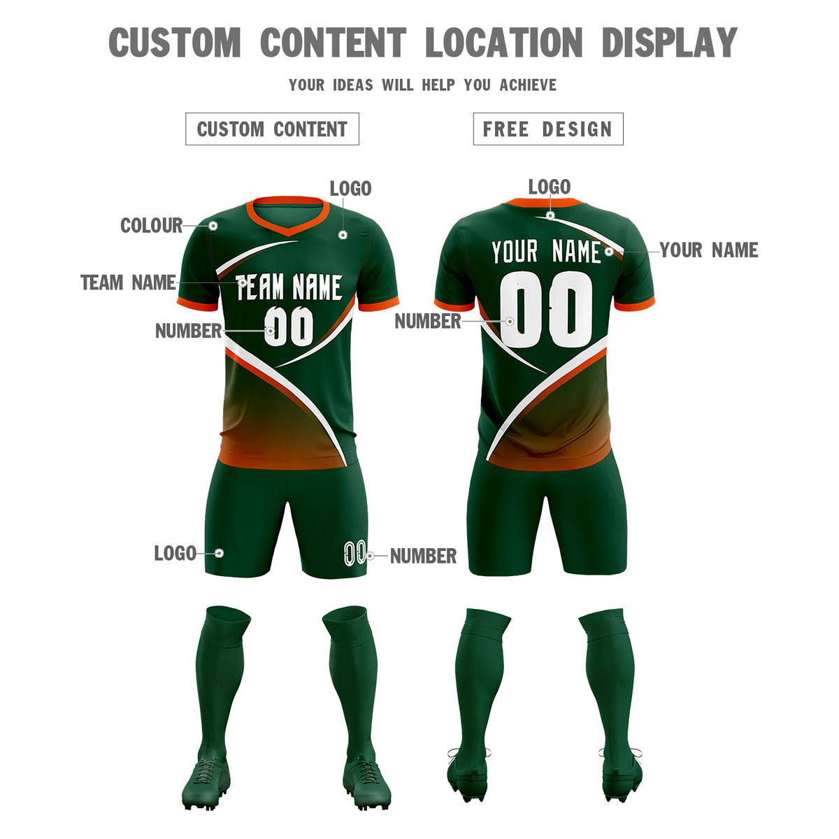 Custom Green Orange Color Block Training Uniform For Men Soccer Sets Jersey